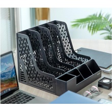 得力(deli)4联带笔筒收纳桌面文件框 办公室桌面多层资料架子 多功能镂空文件架 黑色78981